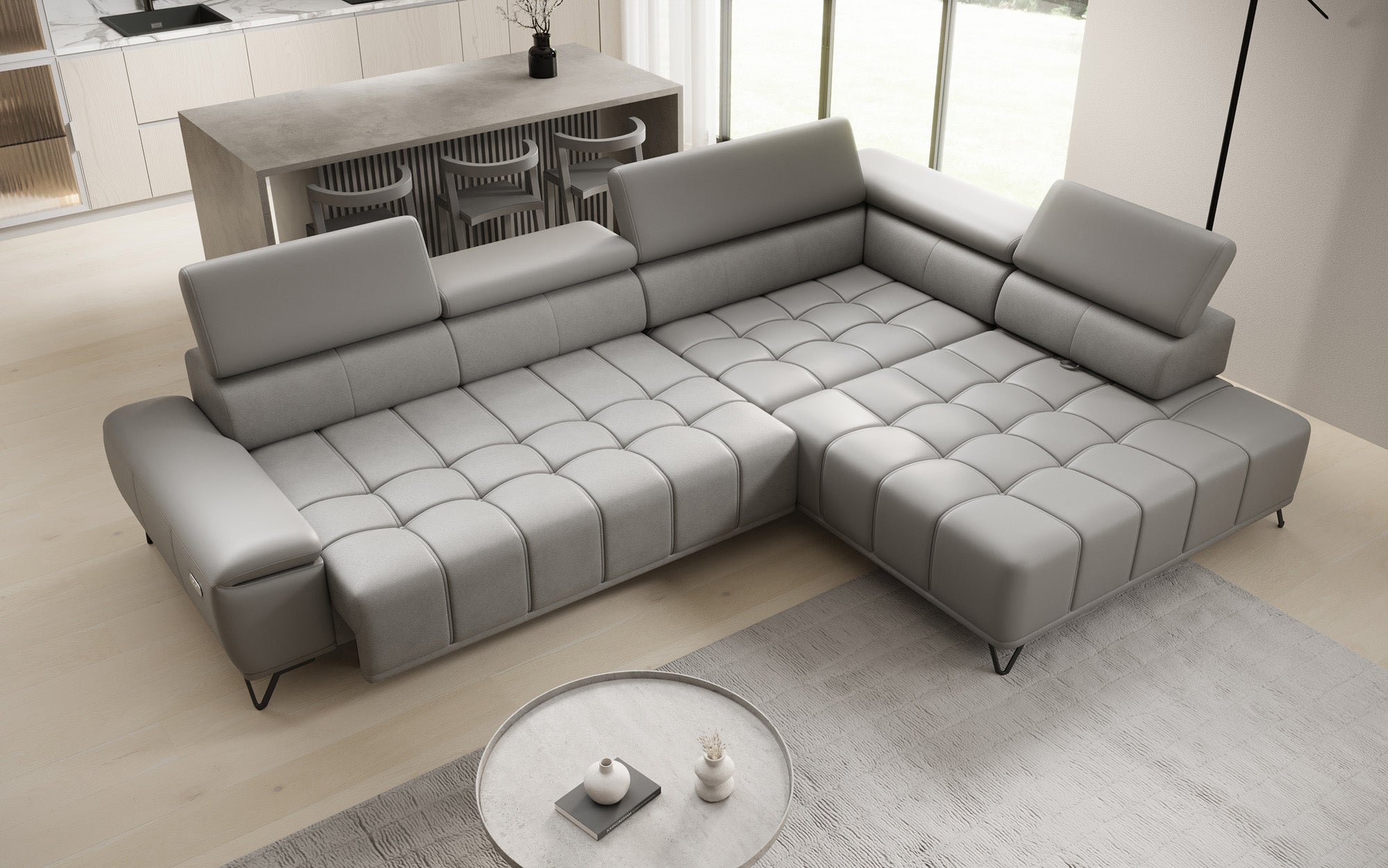 Designer L Sofa Selora mit elektrischer Schlaffunktion und verstellbarerer Rückenlehne in Echtleder