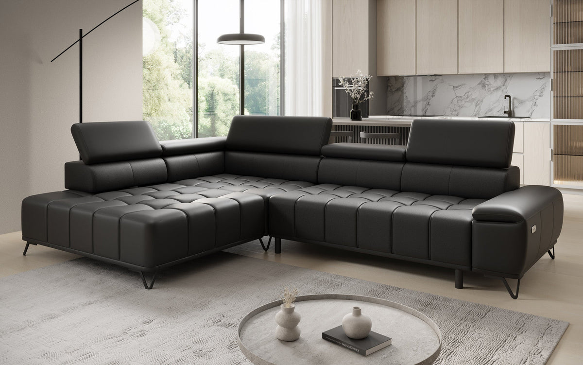 Designer Ecksofa Selora mit elektrischer Schlaffunktion und verstellbarerer Rückenlehne in Echtleder
