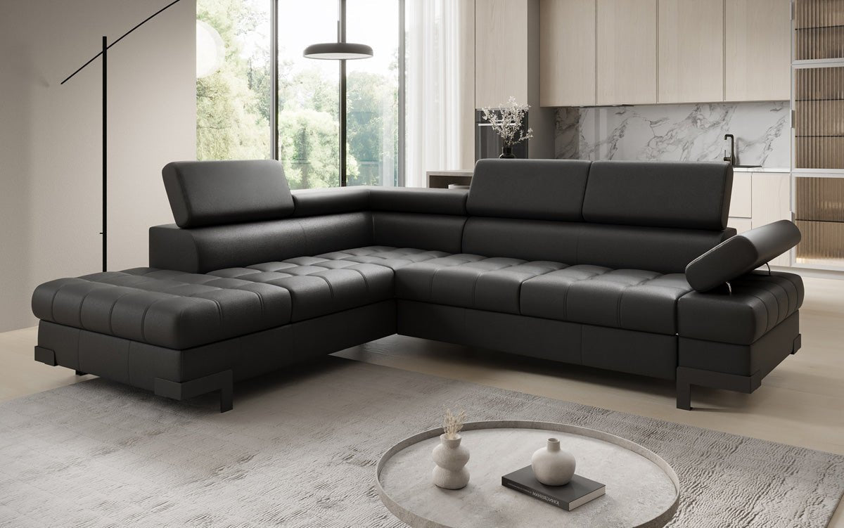 Designer Ecksofa Noelia mit Schlaffunktion und Stauraum in Echtleder