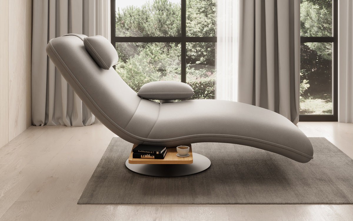 Designer Relax-Liege Velor Echtleder mit Drehfunktion und Beistelltisch