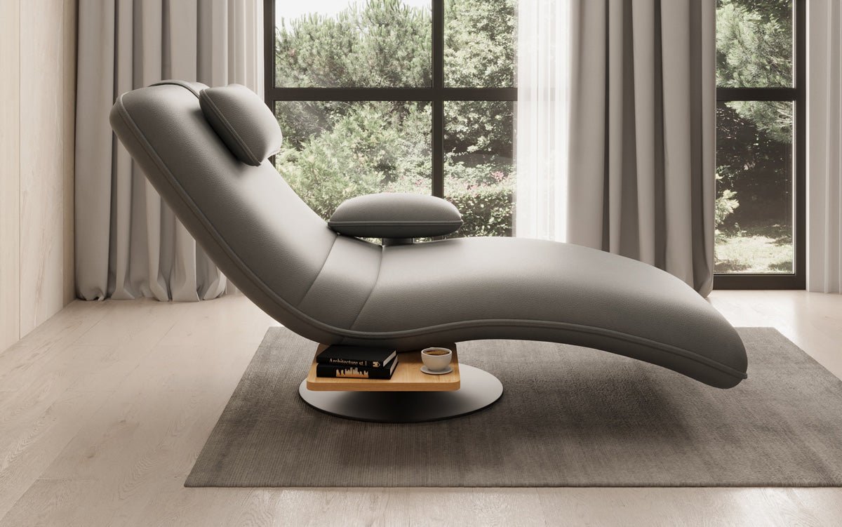 Designer Relax-Liege Velor Echtleder mit Drehfunktion und Beistelltisch