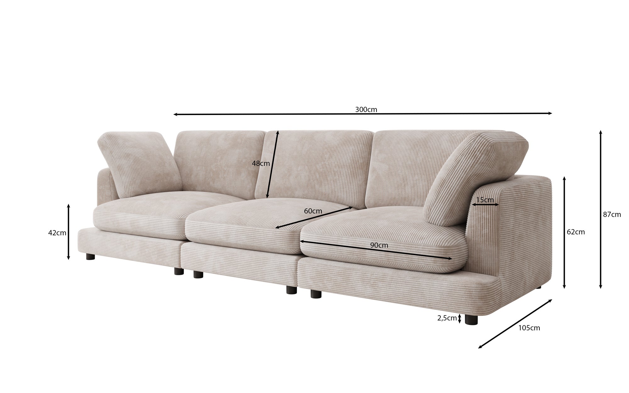 Designer 3 Siter Sofa Thalessa in Cord
