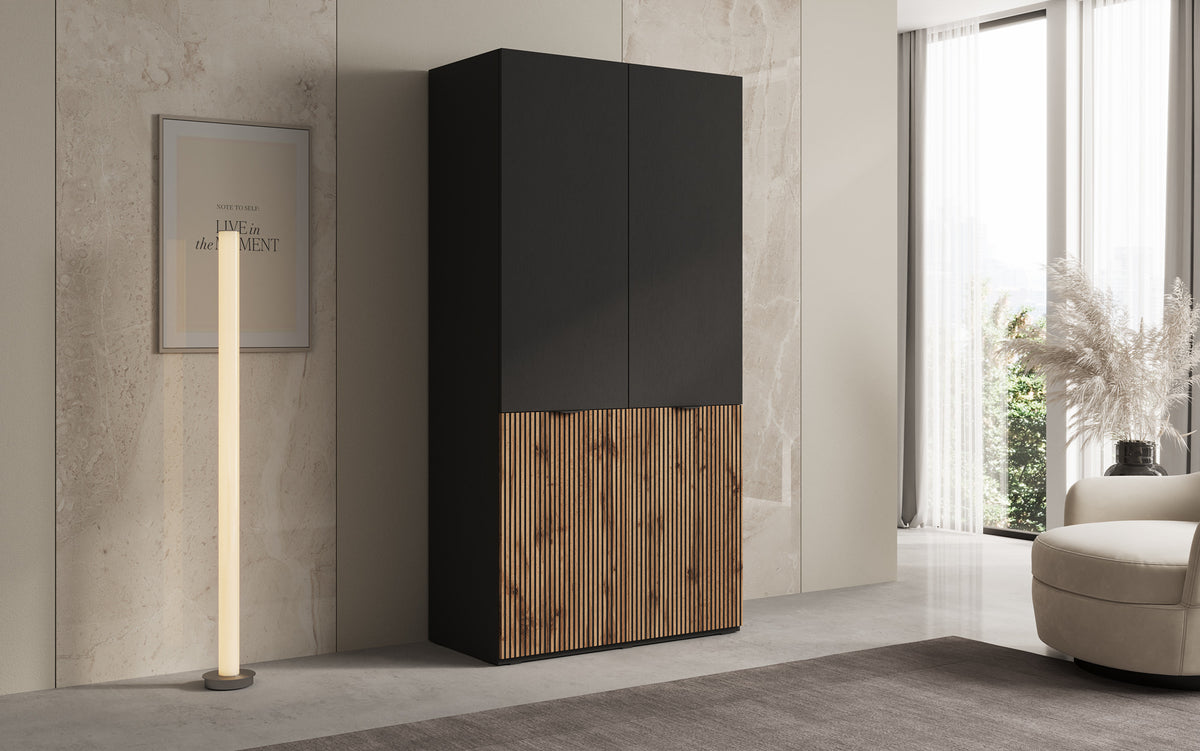Moduro Naro – Design-Kleiderschrank mit dunklem Korpus und Holzdekor-Front
