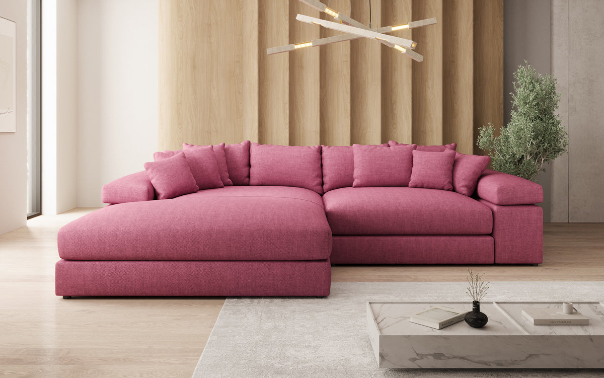 Designer Ecksofa Bernardo mit breiter Ottomane in Leinen-Optik