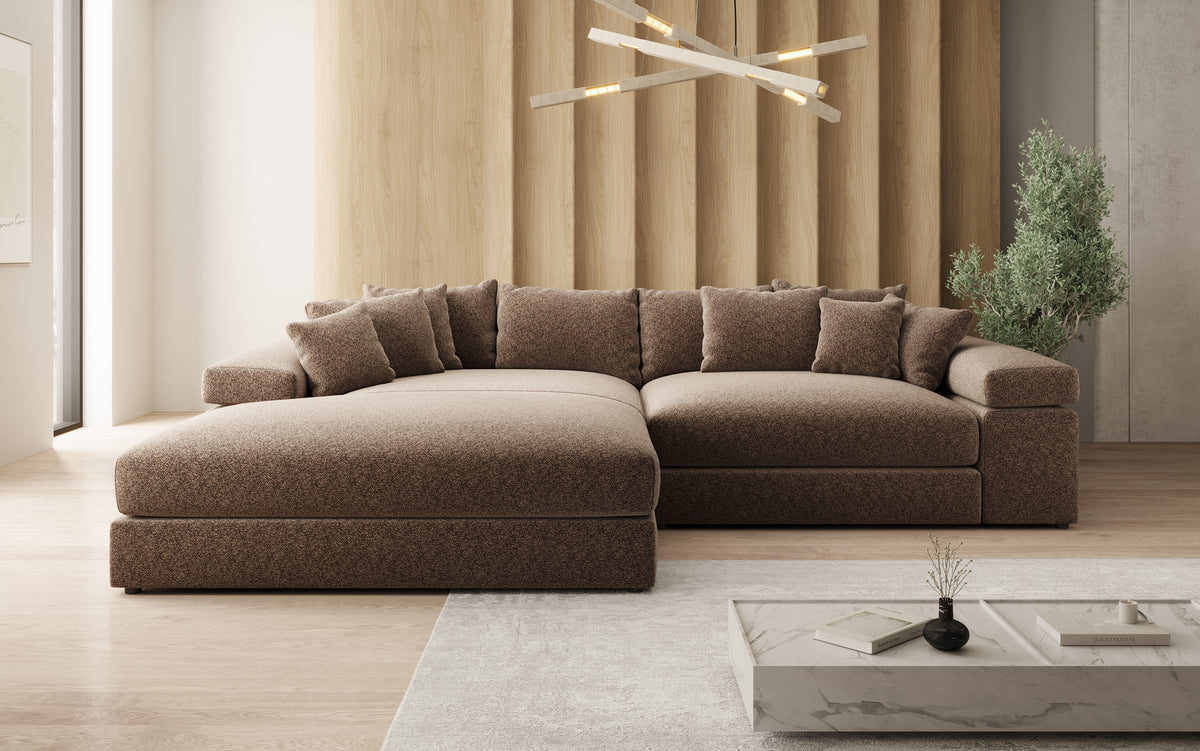 Designer Ecksofa Bernardo mit breiter Ottomane in Strukturstoff