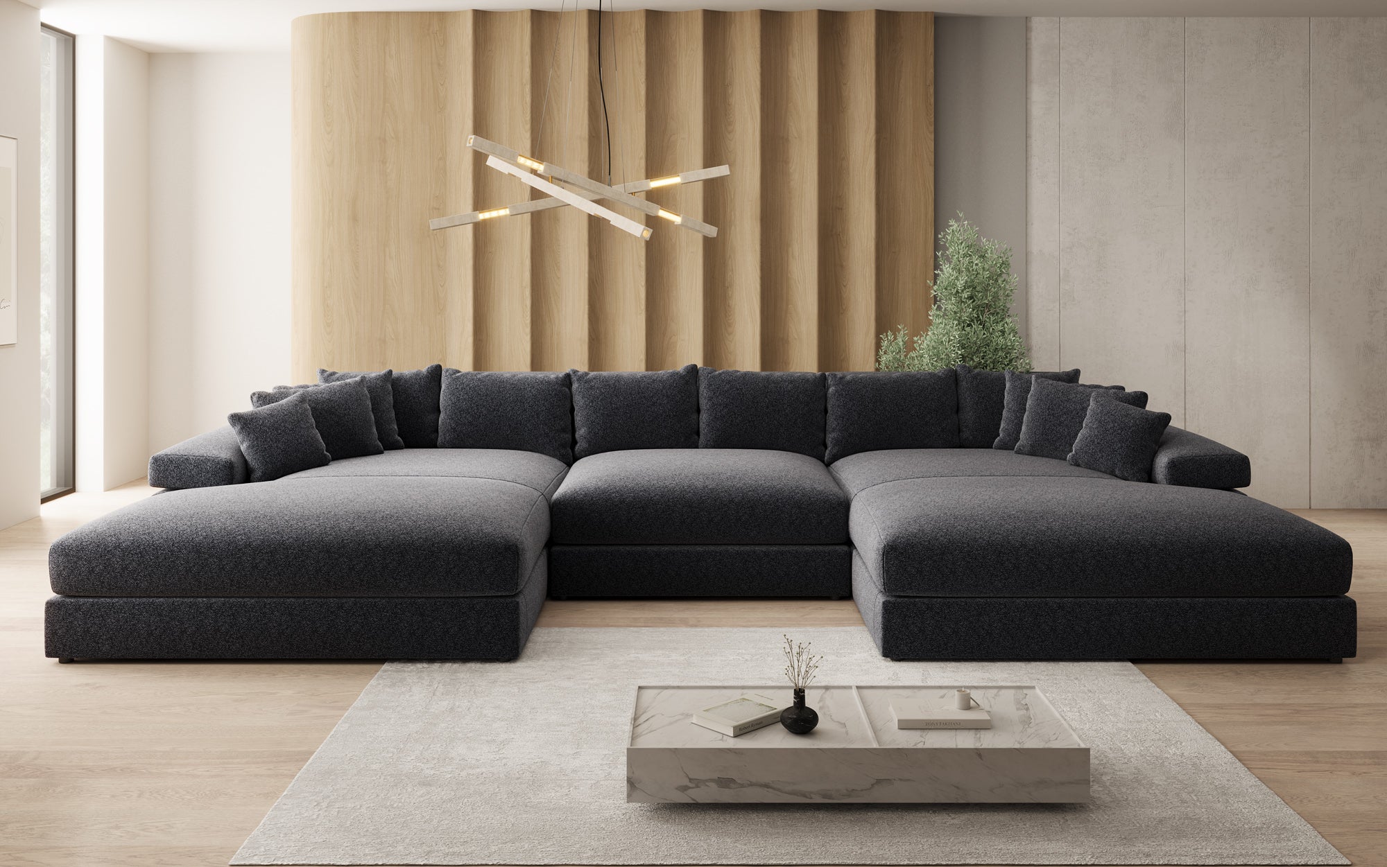 Designer Sofa Bernardo U mit breiter Ottomane in Strukturstoff