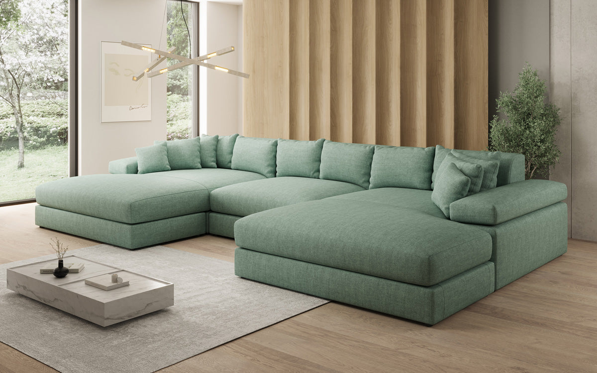 Designer Sofa Bernardo U mit breiter Ottomane in Leinen-Optik