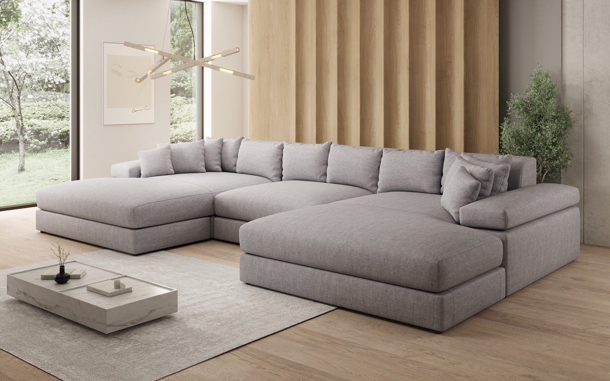 Designer Sofa Bernardo U mit breiter Ottomane in Leinen-Optik