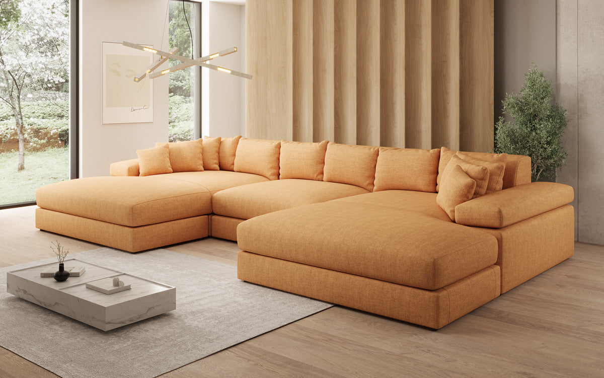 Designer Sofa Bernardo U mit breiter Ottomane in Leinen-Optik