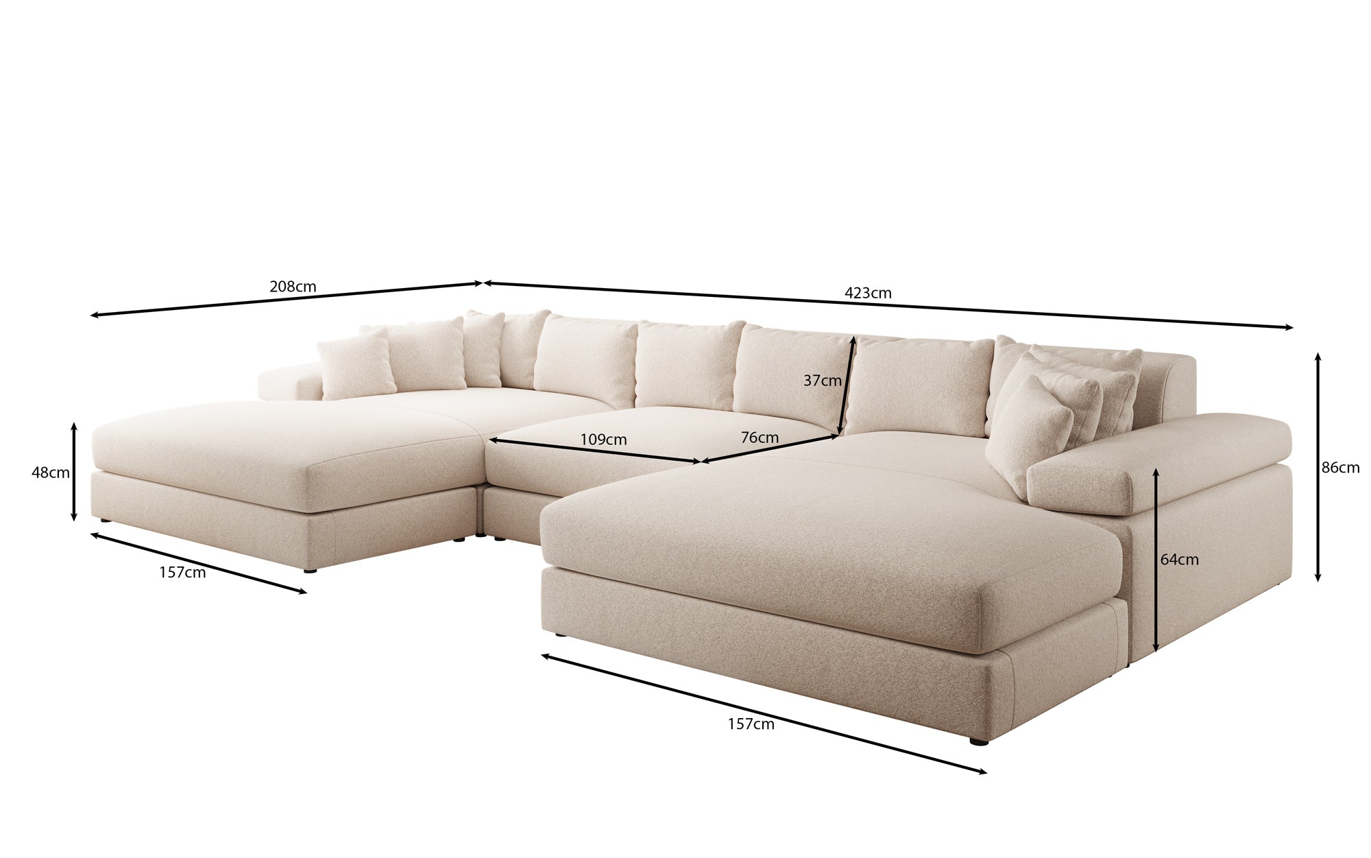 Designer Sofa Bernardo U mit breiter Ottomane in Strukturstoff