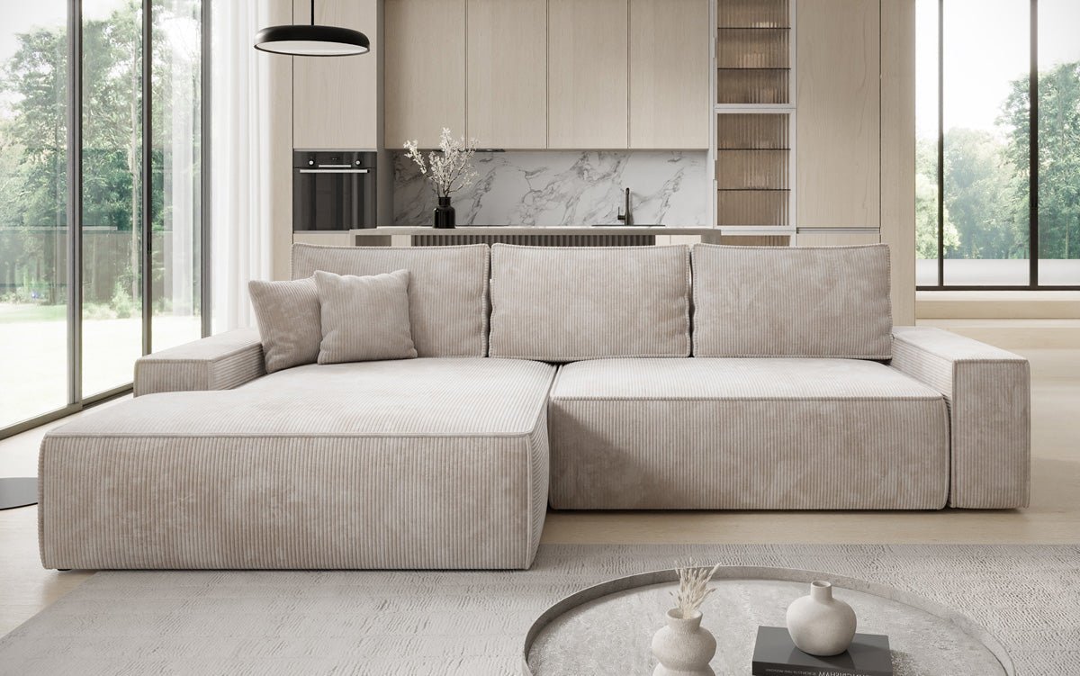 Designer Ecksofa Verona mit breiter Ottomane mit Schlaf- und Klappfunktion in Cord