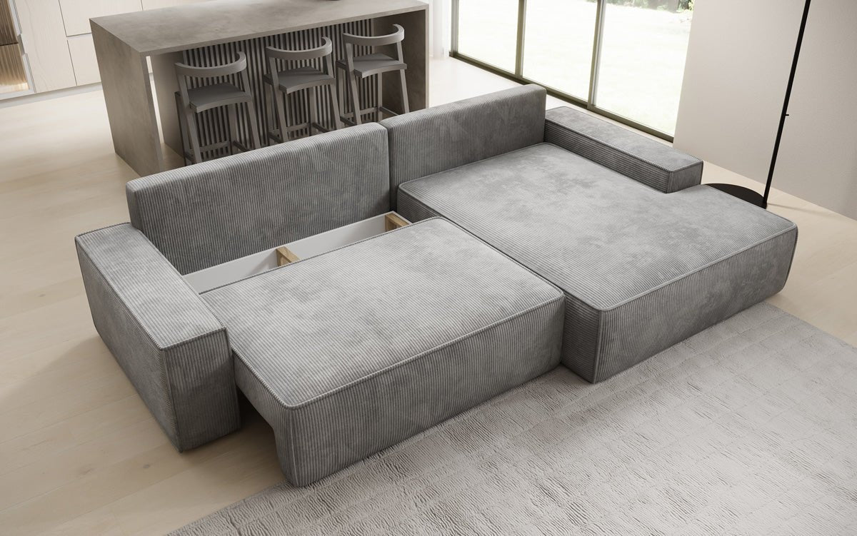 Designer Sofa Verona mit breiter Ottomane mit Schlaf- und Klappfunktion in Cord