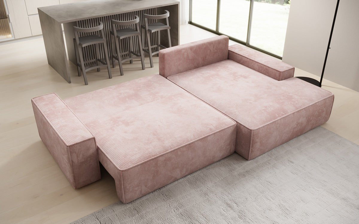 Designer Sofa Verona mit breiter Ottomane mit Schlaf- und Klappfunktion in Cord