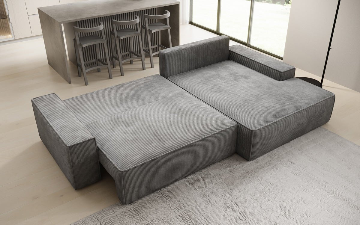 Designer Sofa Verona mit breiter Ottomane mit Schlaf- und Klappfunktion in Cord