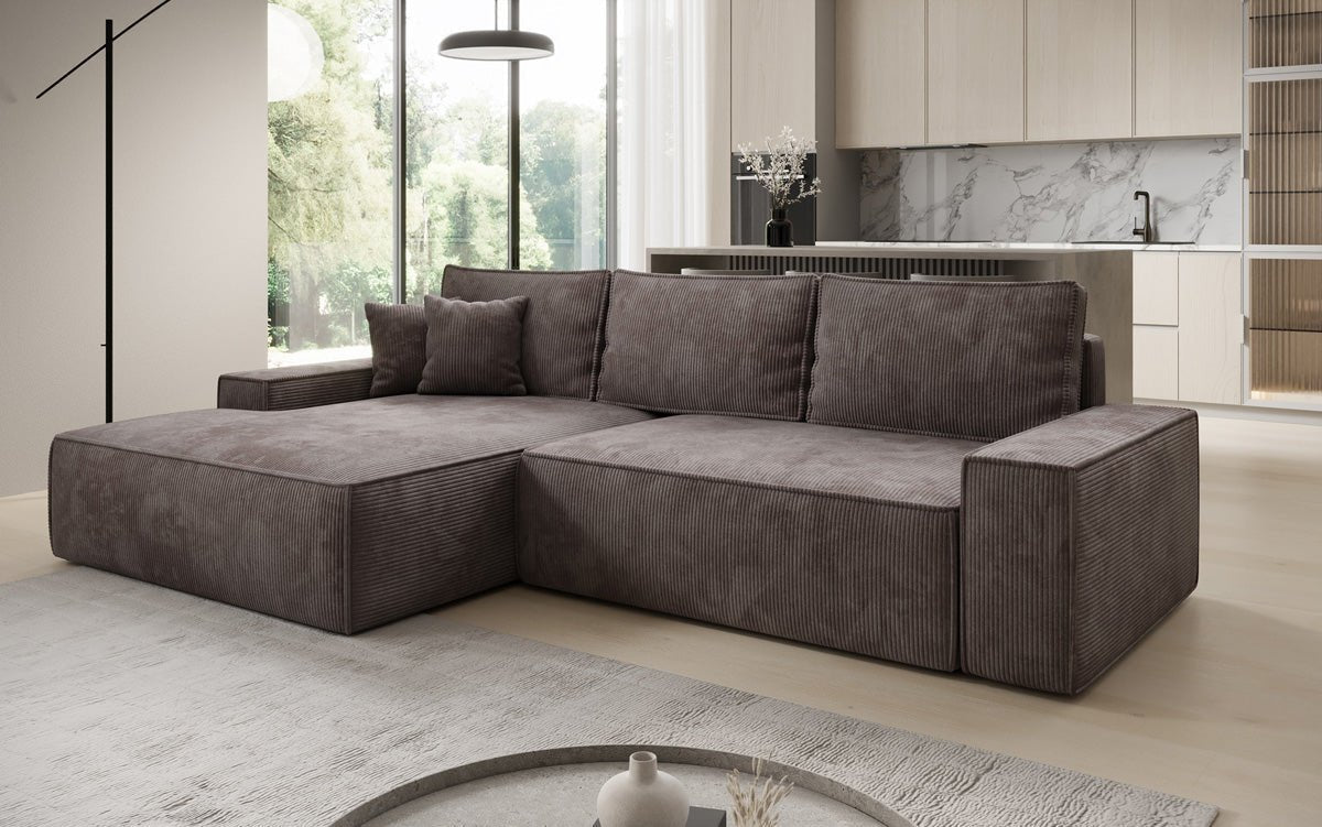 Designer Sofa Verona mit breiter Ottomane mit Schlaf- und Klappfunktion in Cord