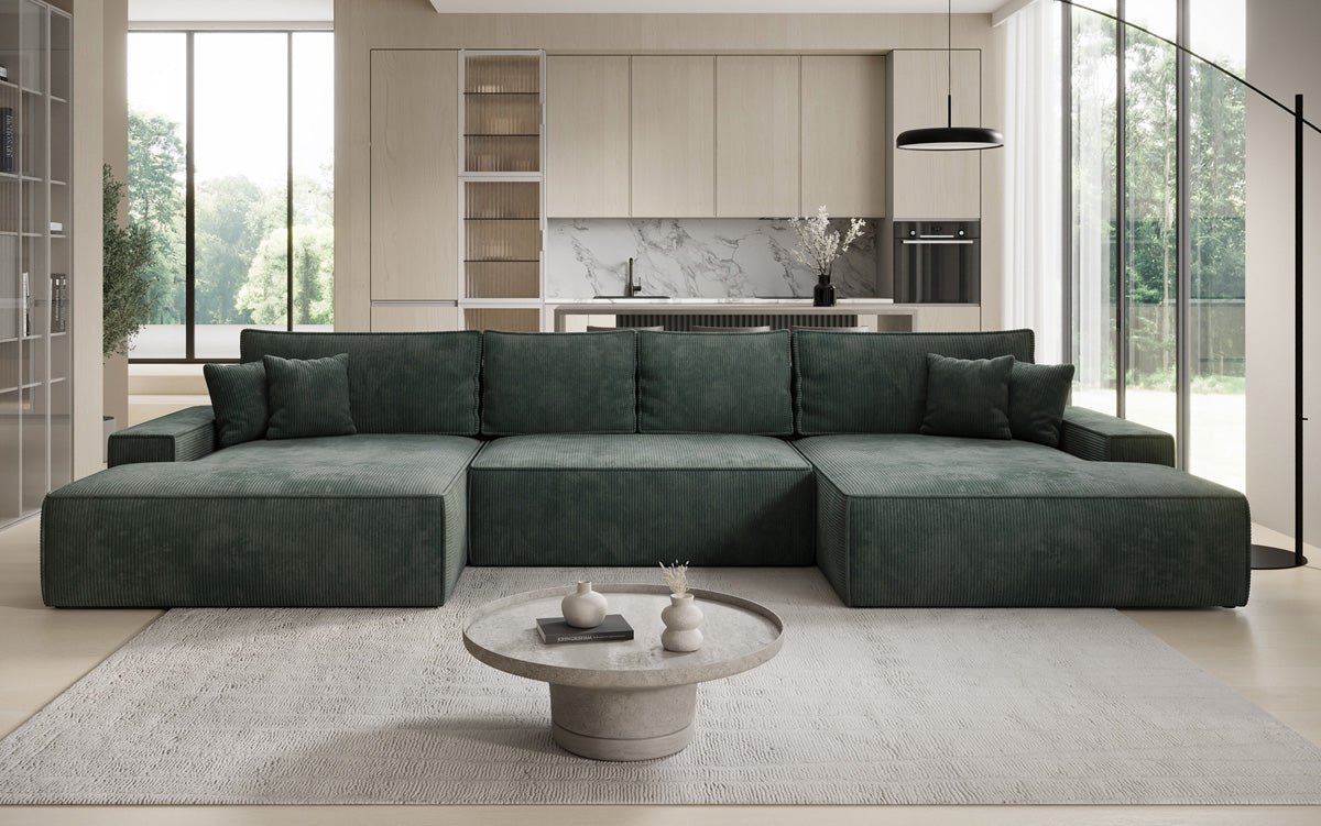 Designer Sofa Verona U mit breiter Ottomane mit Schlaffunktion und Stauraum in Cord