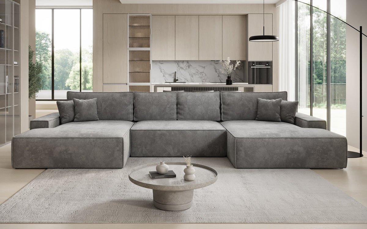 Designer Sofa Verona U mit breiter Ottomane mit Schlaffunktion und Stauraum in Cord
