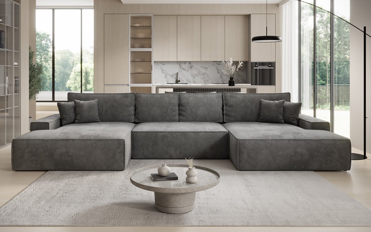 Designer Sofa Verona U mit breiter Ottomane mit Schlaffunktion und Stauraum in Cord