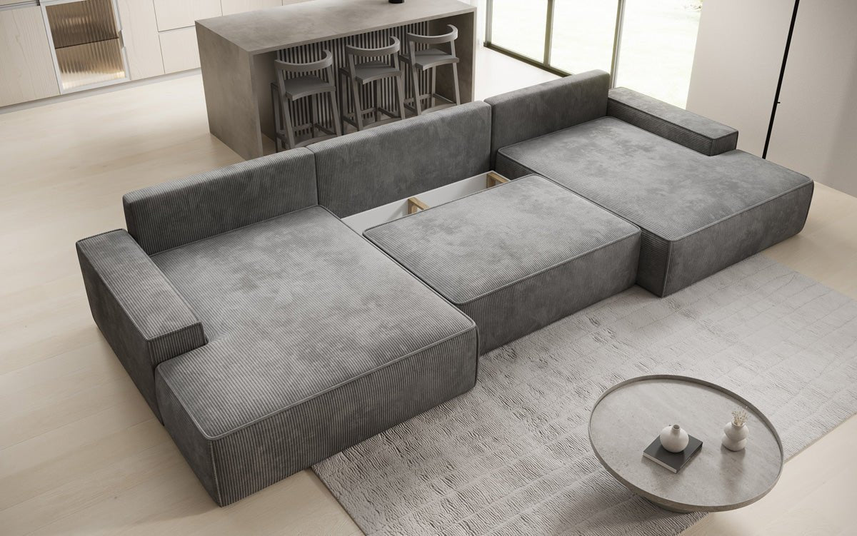 Designer Sofa Verona U mit breiter Ottomane mit Schlaffunktion und Stauraum in Cord