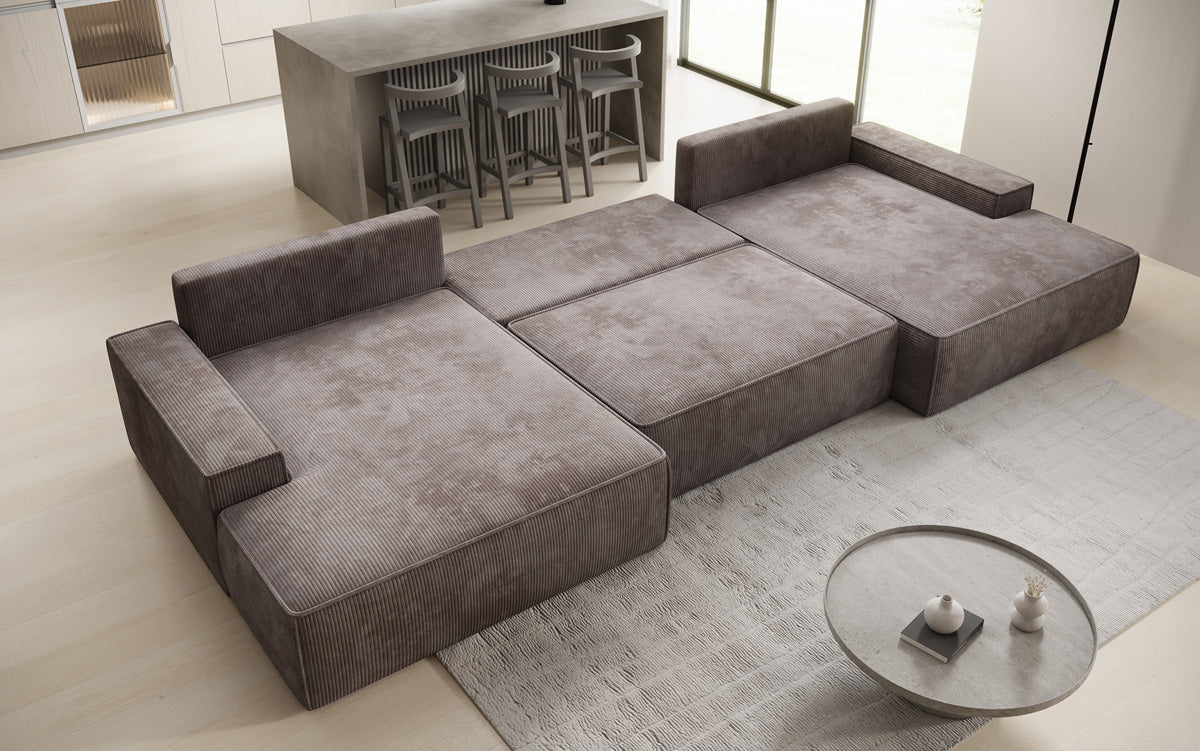 Designer Sofa Verona U mit breiter Ottomane mit Schlaffunktion und Stauraum in Cord