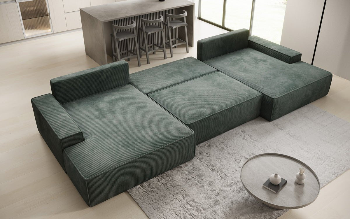 Designer Sofa Verona U mit breiter Ottomane mit Schlaffunktion und Stauraum in Cord