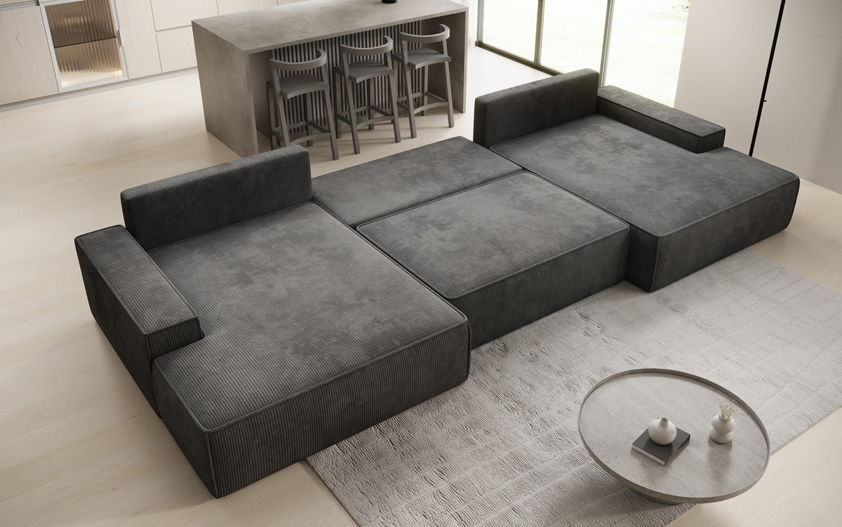 Designer Sofa Verona U mit breiter Ottomane mit Schlaffunktion und Stauraum in Cord