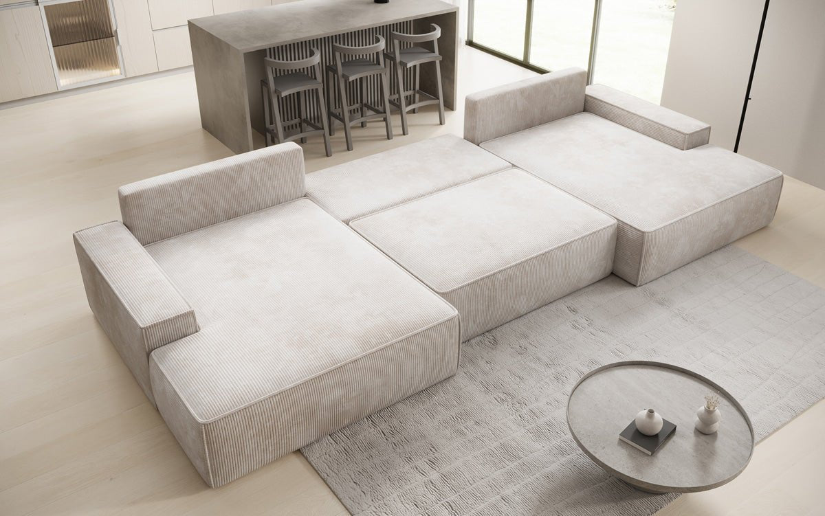 Designer Sofa Verona U mit breiter Ottomane mit Schlaffunktion und Stauraum in Cord