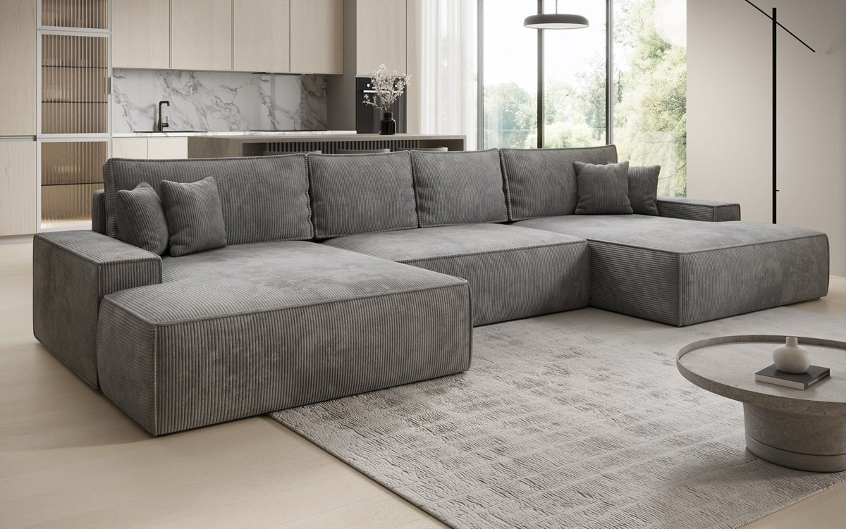 Designer Sofa Verona U mit breiter Ottomane mit Schlaffunktion und Stauraum in Cord
