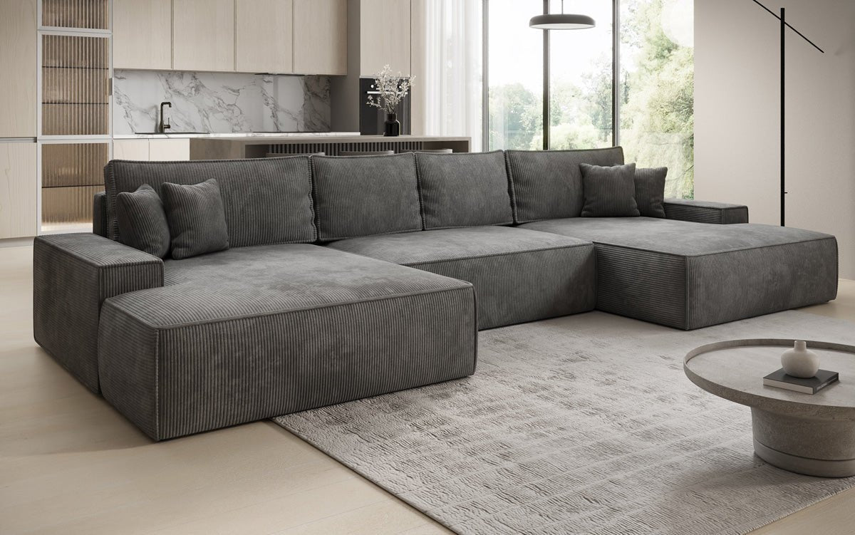 Designer Sofa Verona U mit breiter Ottomane mit Schlaffunktion und Stauraum in Cord