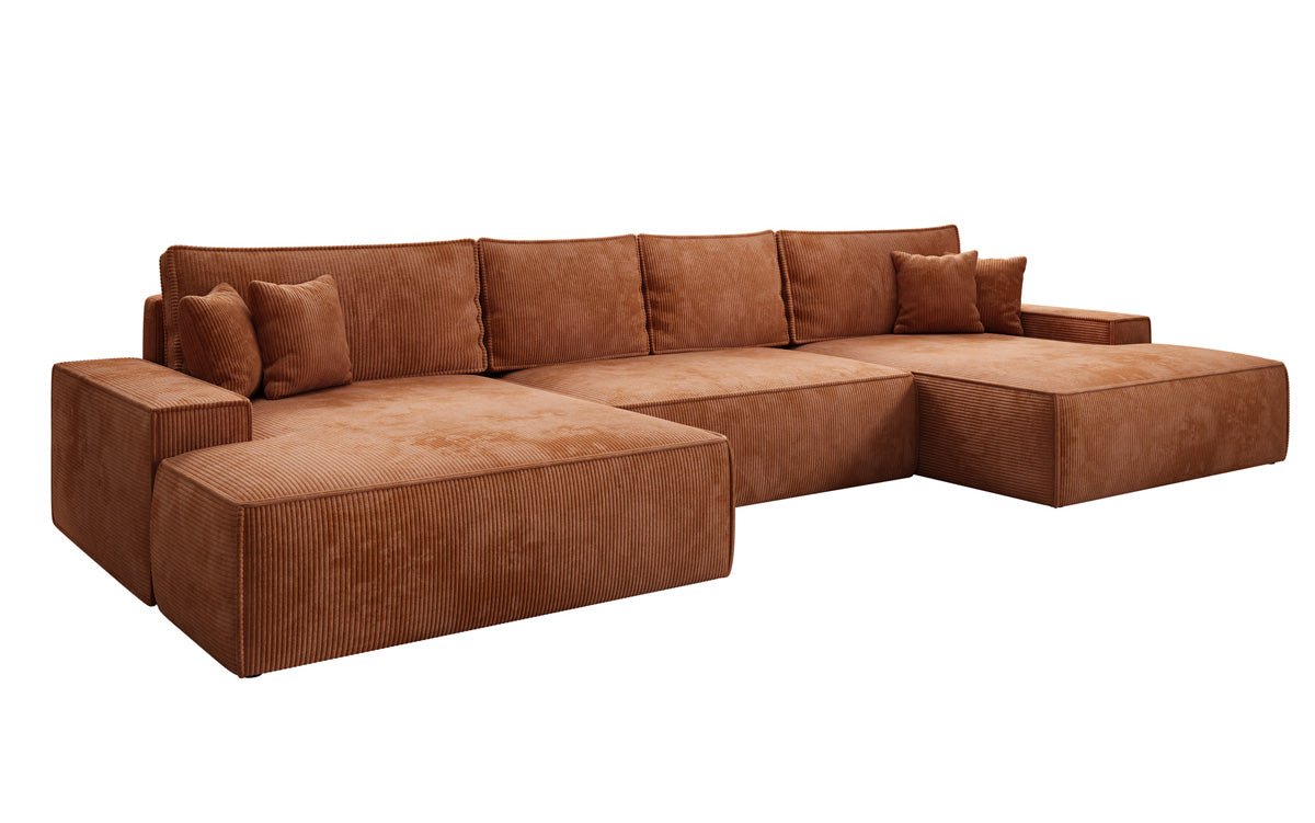 Designer Sofa Verona U mit breiter Ottomane mit Schlaffunktion und Stauraum in Cord