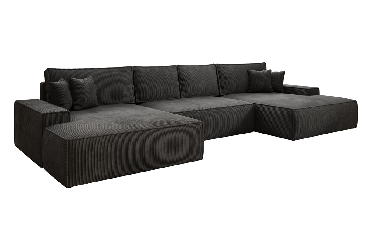Designer Sofa Verona U mit breiter Ottomane mit Schlaffunktion und Stauraum in Cord