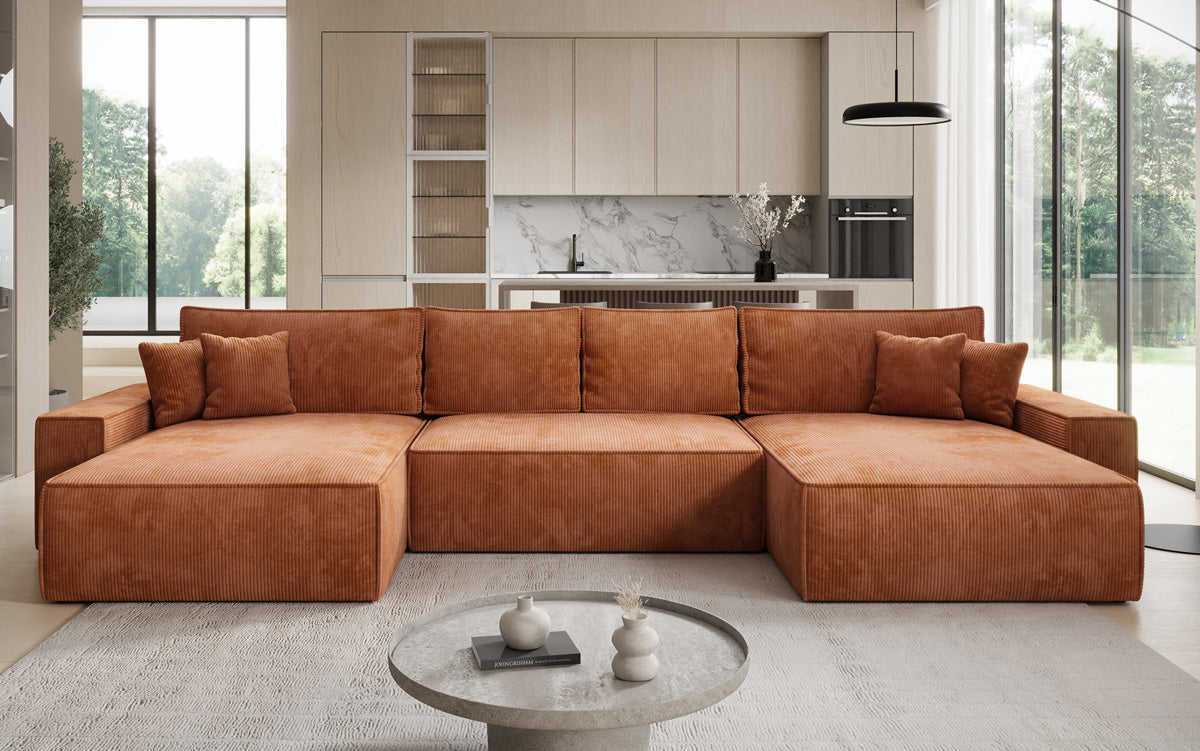 Designer Sofa Lunaro U mit Schlaffunktion und Stauraum in Cord