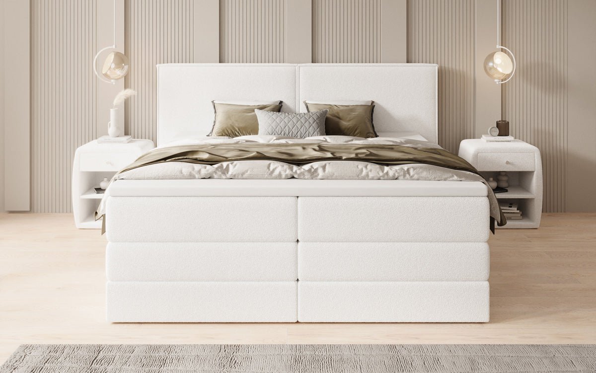 Boxspringbett Ophelia mit hochklappbarem Stauraum in Teddy Bouclé