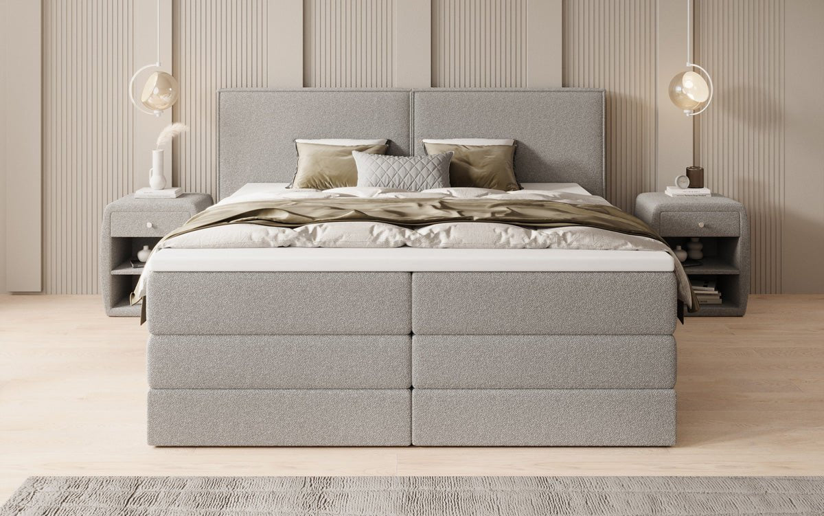 Boxspringbett Ophelia mit hochklappbarem Stauraum in Teddy Bouclé