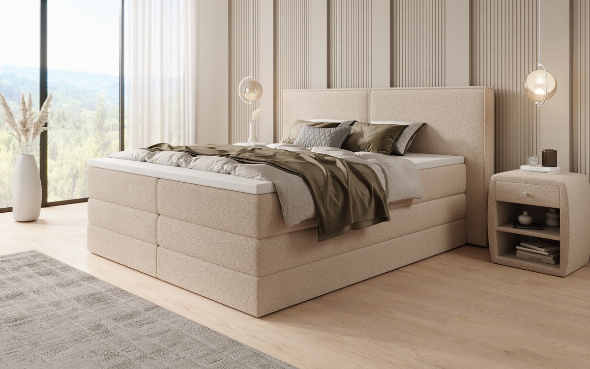 Boxspringbett Ophelia mit hochklappbarem Stauraum in Teddy Bouclé