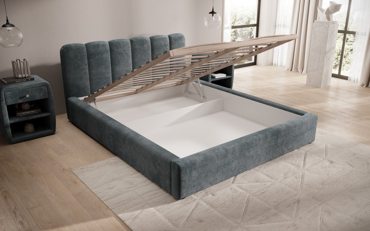 Designer Polsterbett Nerra in Cord mit Stauraum