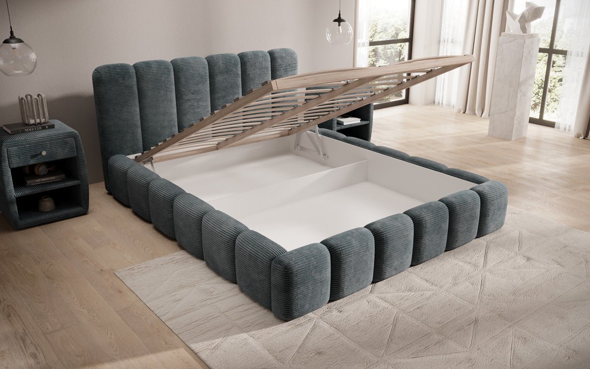 Designer Polsterbett Tevara in Cord mit Stauraum