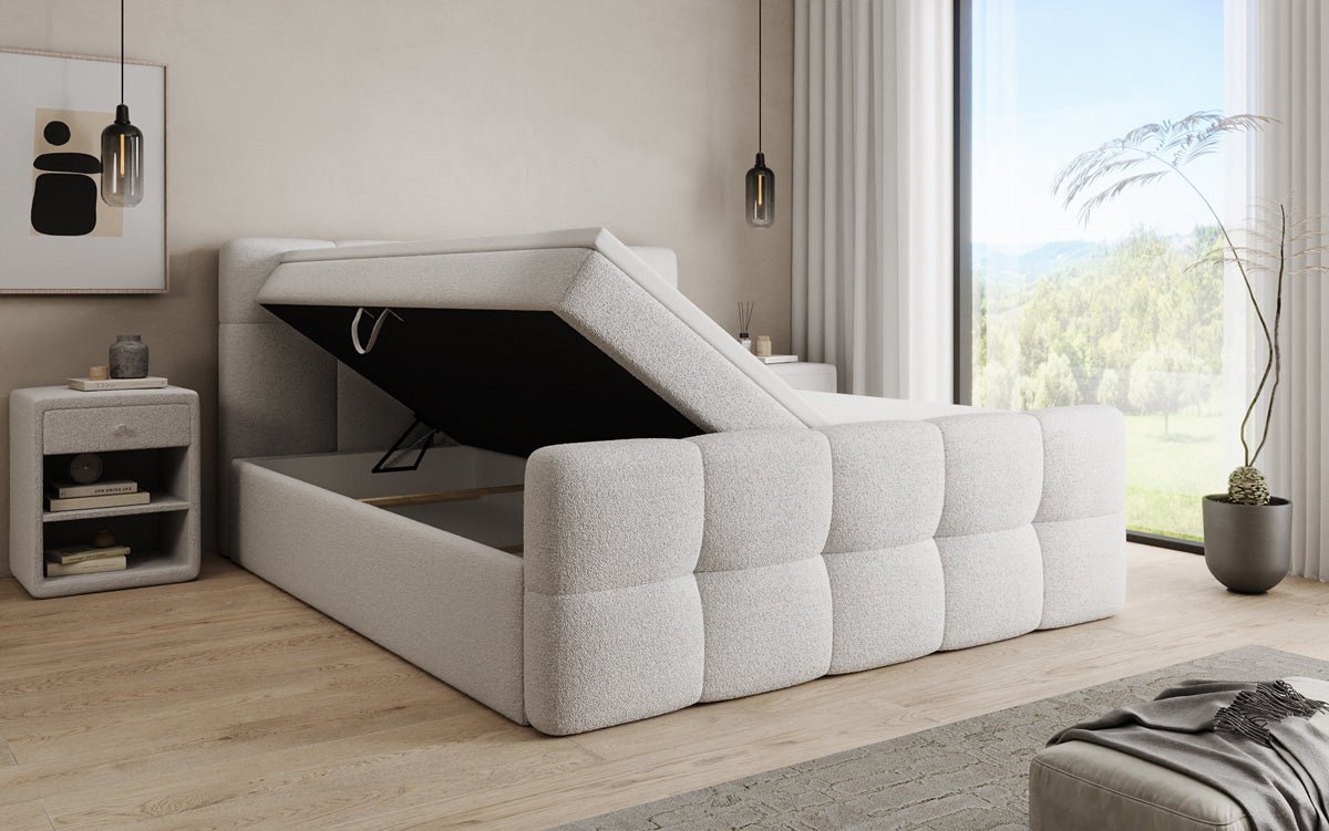 Boxspringbett Cozy in Teddy Bouclé mit Stauraum