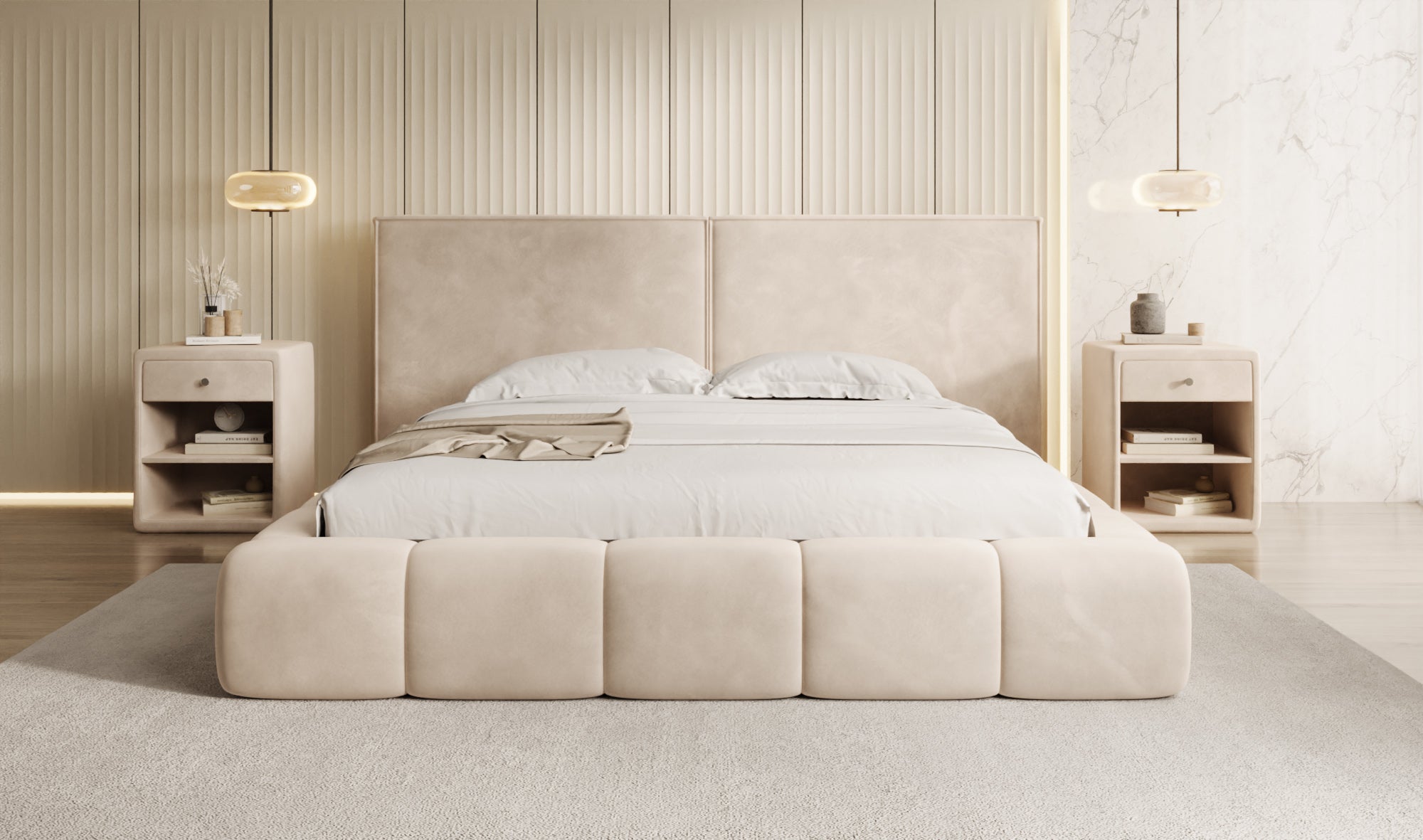 Designer Polsterbett Elise in Samt mit Stauraum