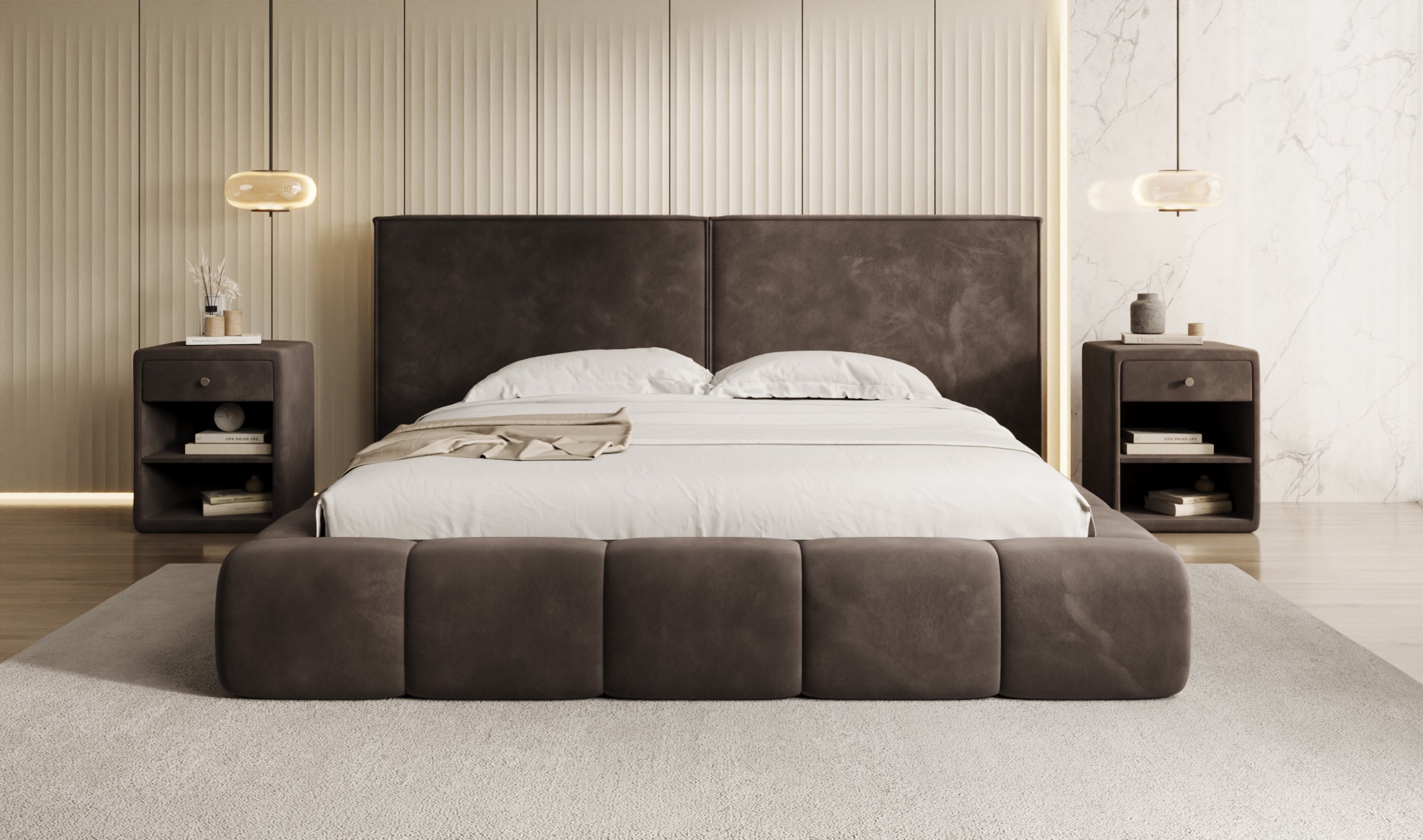 Designer Polsterbett Elise in Samt mit Stauraum