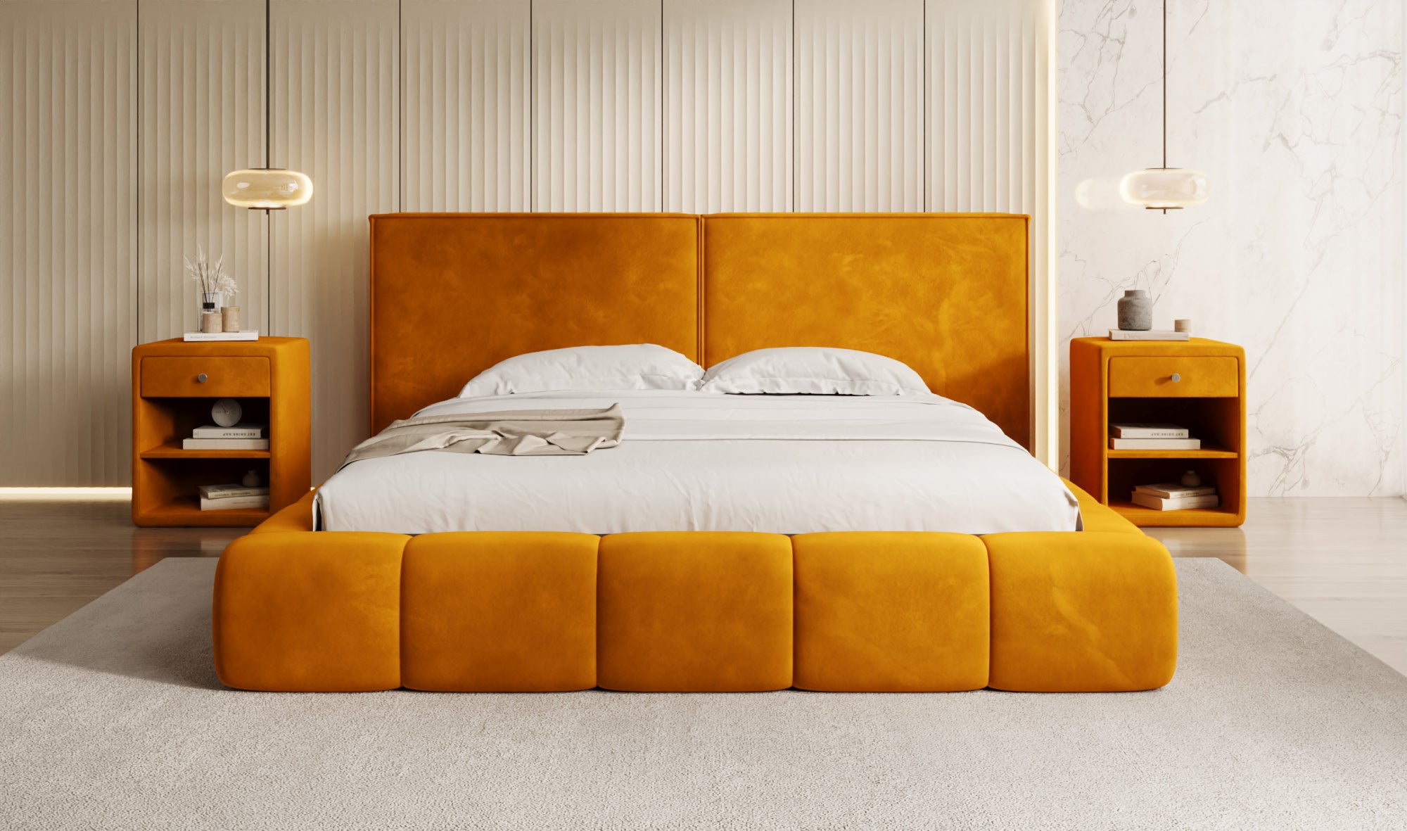 Designer Polsterbett Elise in Samt mit Stauraum