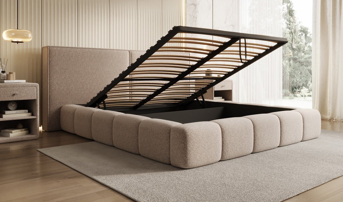 Designer Polsterbett Elise in Strukturstoff mit Stauraum
