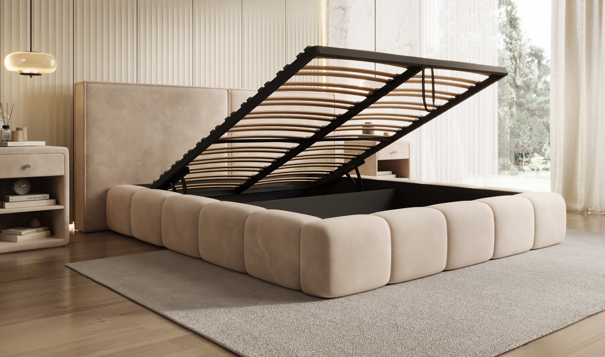 Designer Polsterbett Elise in Samt mit Stauraum