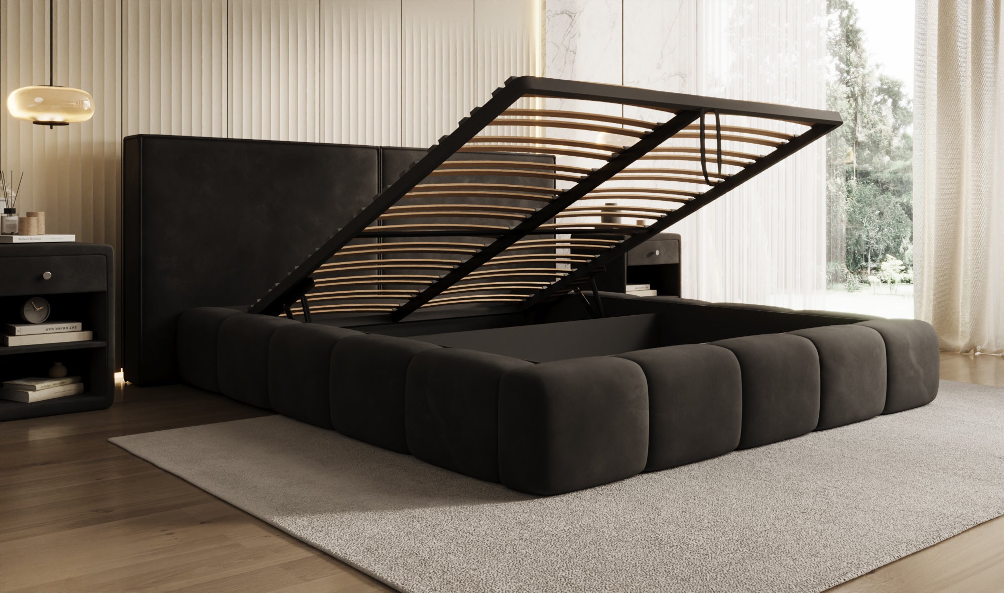 Designer Polsterbett Elise in Samt mit Stauraum