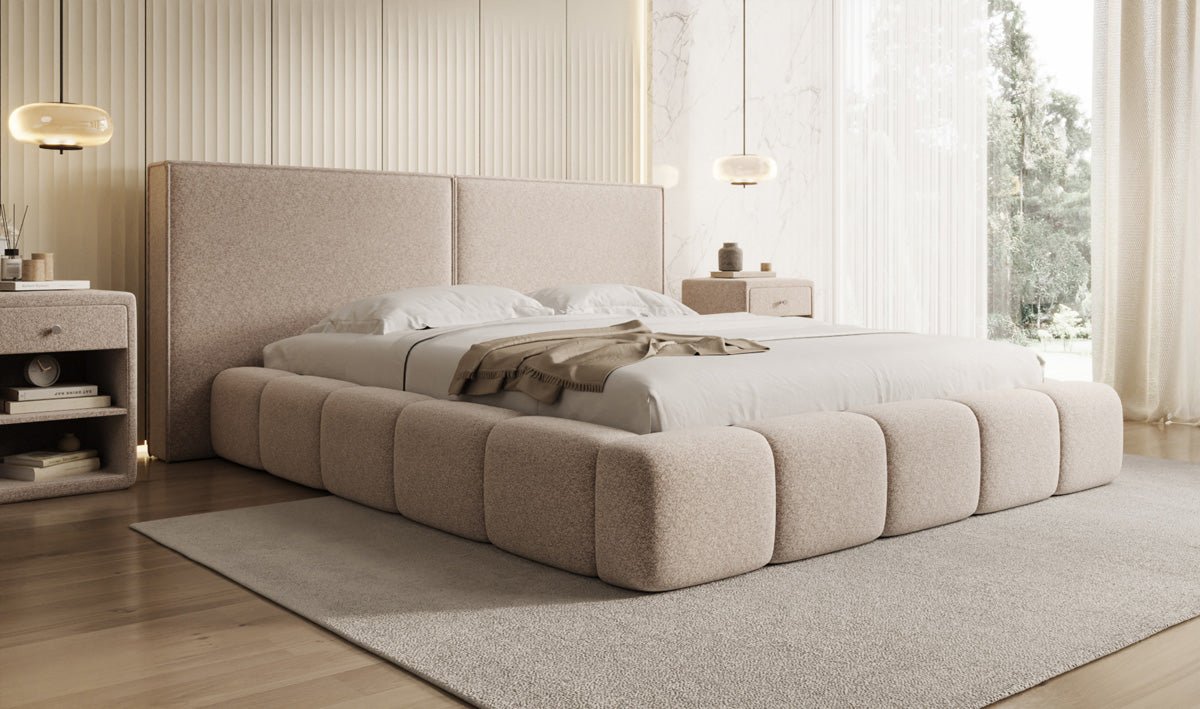 Designer Polsterbett Elise in Strukturstoff mit Stauraum