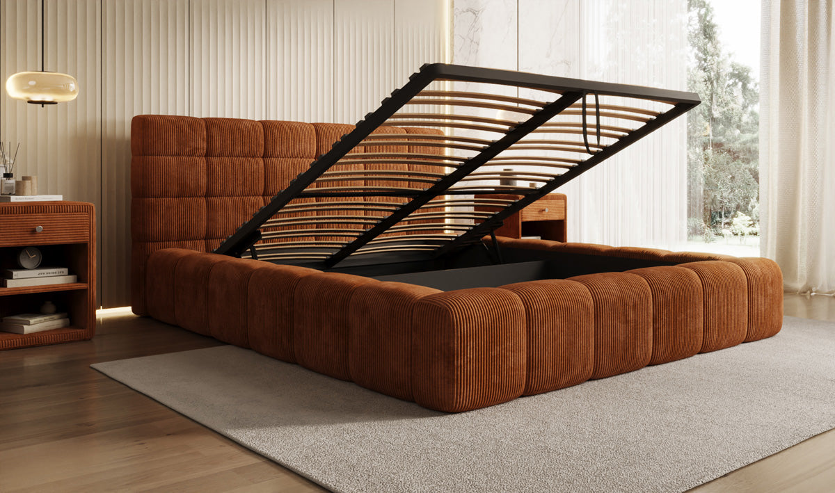 Designer Polsterbett Marshmallow in Cord mit Stauraum