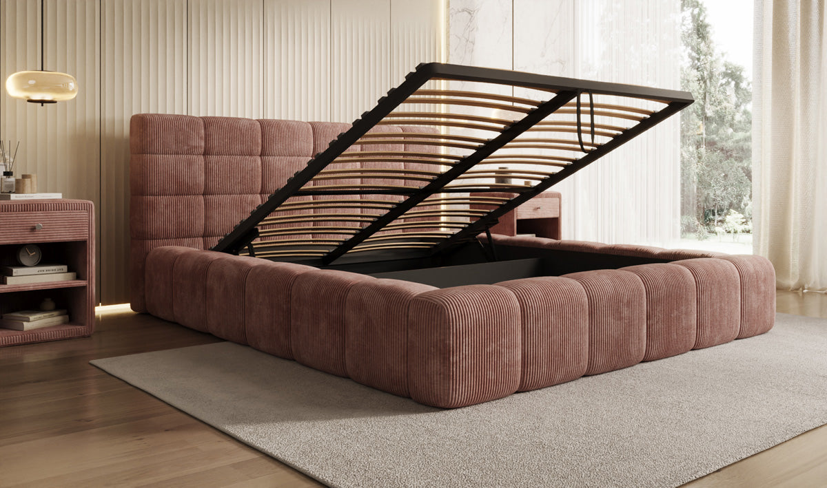 Designer Polsterbett Marshmallow in Cord mit Stauraum