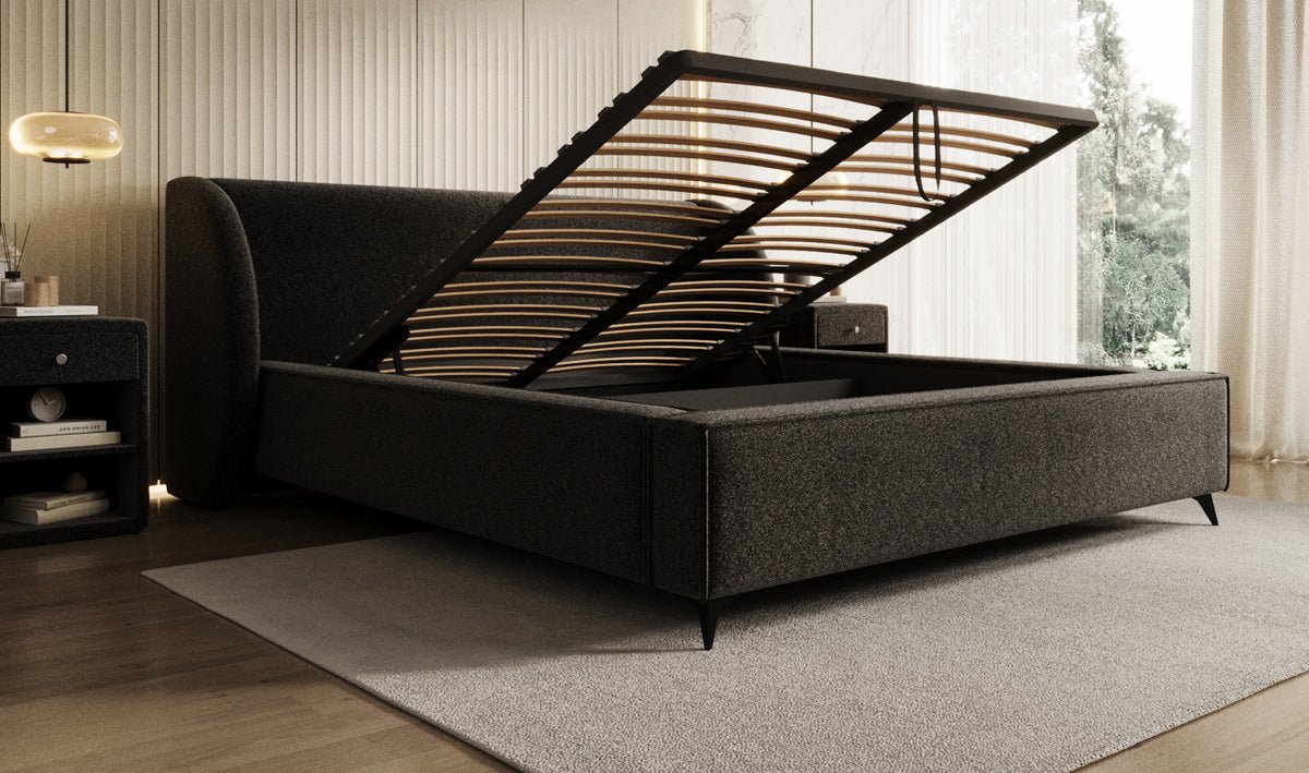 Designer Polsterbett Freya in Strukturstoff mit Stauraum