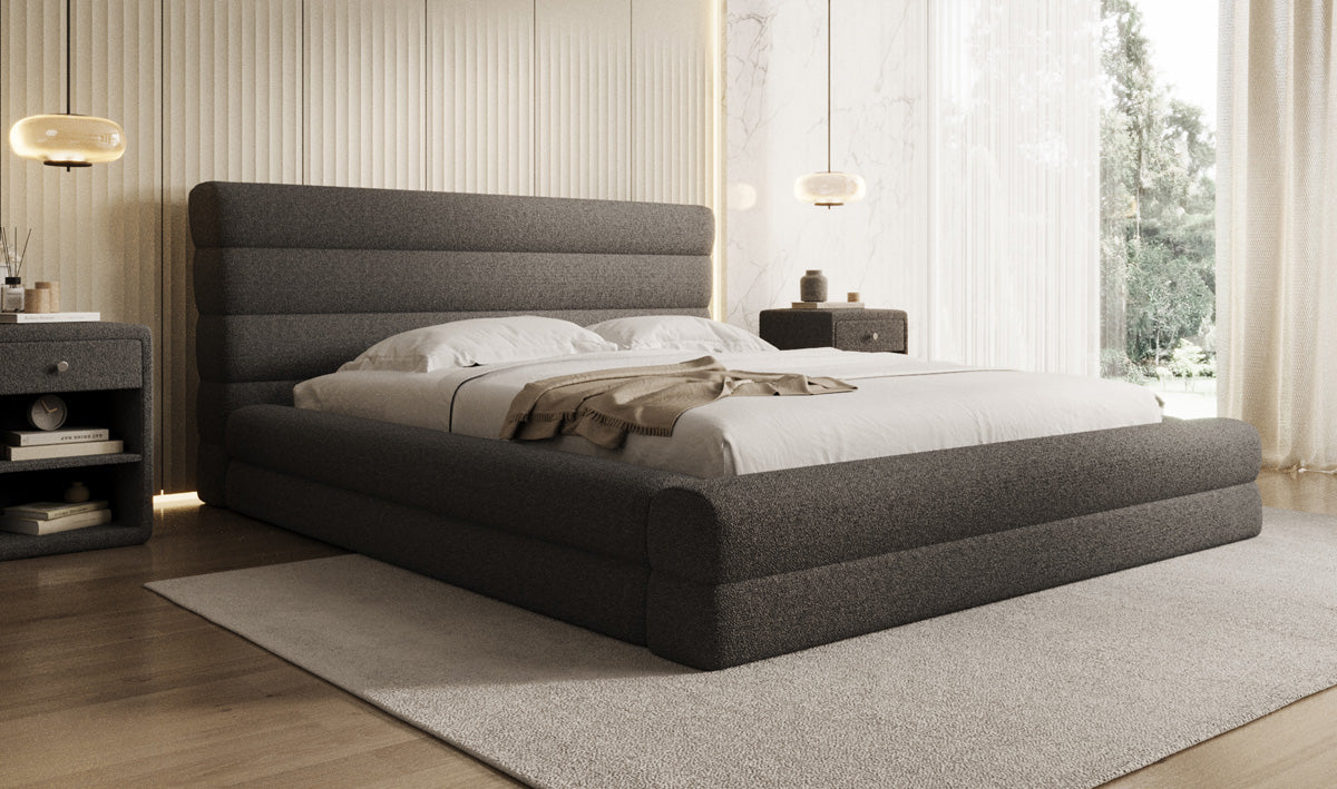 Designer Polsterbett Maren in Teddy Bouclé mit Stauraum