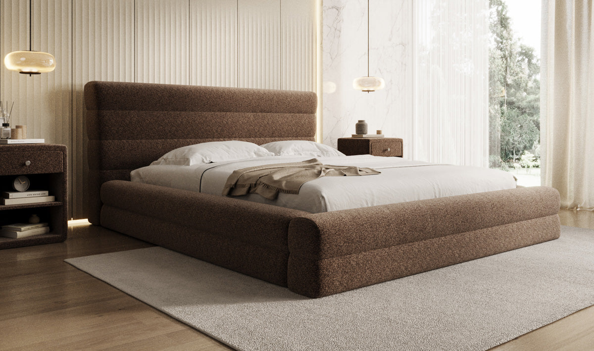 Designer Polsterbett Maren in Strukturstoff mit Stauraum